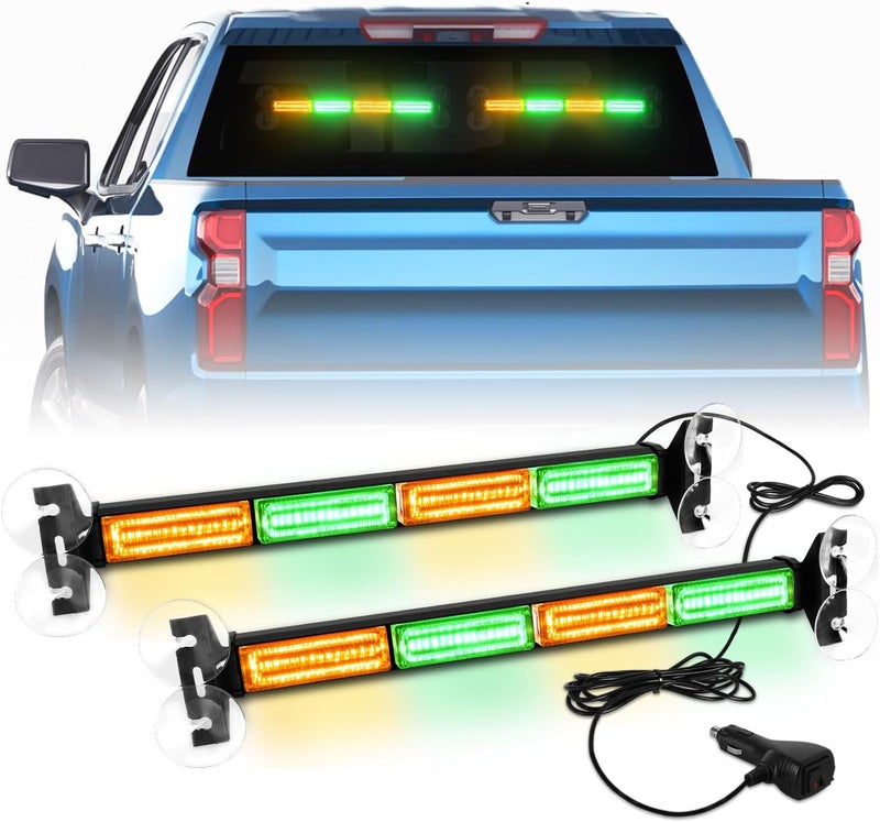 LRTER Emergency Dash Strobe Lights Warning Hazard Safety Front/Rear Interior Windshield Lights w/Suction Cups Deck Split Mount for Vehicles Trucks Volunteer Vehicles 2x17.7, Amber/Green - Image 1